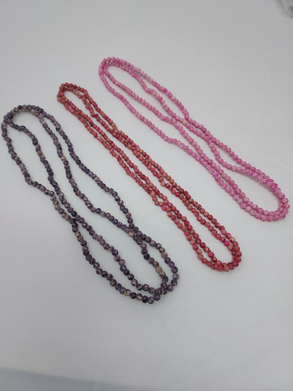 Lot of 3 Gemstone Bead String or Pullover Necklaces 4mm Pink Rose Lavender Gray